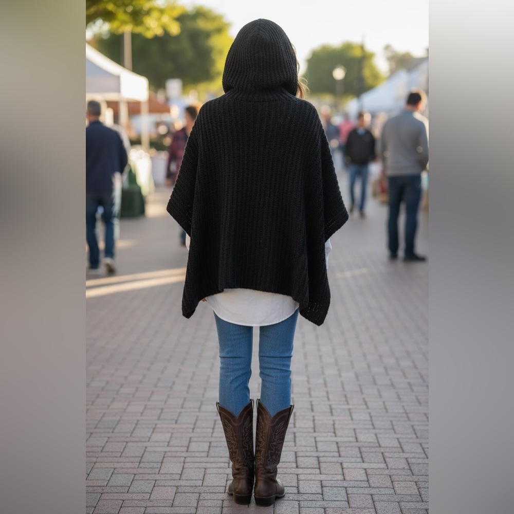 Tommy Bahama Oversized Black V-Neck Poncho Sweater - Picture 3 of 11